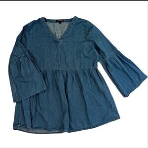Lane Bryant Chambray Bell Sleeve V Neck Popover Tunic Boho Retro Blouse